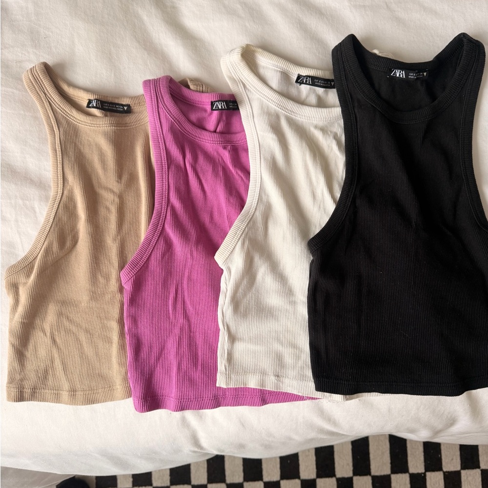 Zara Women's Ribbed Tank Tops - Black, White, Pink, Tan
